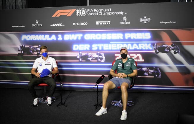F1 Grand Prix of Styria 47 Mick Schumacher (GER, Haas F1 Team), 5 Sebastian Vettel (GER, Aston Martin Cognizant F1 Team), F1 Grand Prix of Styria at Red Bull Ring on June 24, 2021 in Spielberg, Austria. (Photo by Christian Bruna EPA FIA Pool via HOCH ZWEI) Spielberg Austria Poolfoto HOCH ZWEI Pool EPA ,EDITORIAL USE ONLY