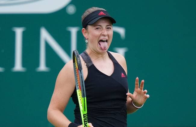 Mandatory Credit: Photo by Dave Shopland BPI Shutterstock (12167170bh) Latvia s Jelena Ostapenko reacts during her win Viking International Championships, Day Six, Tennis, Eastbourne, East Sussex, UK - 24 June 2021 Viking International Championships, Day Six, Tennis, Eastbourne, East Sussex, UK - 24 June 2021 Copyright: xDavexShopland BPI Shutterstockx 12167170bh