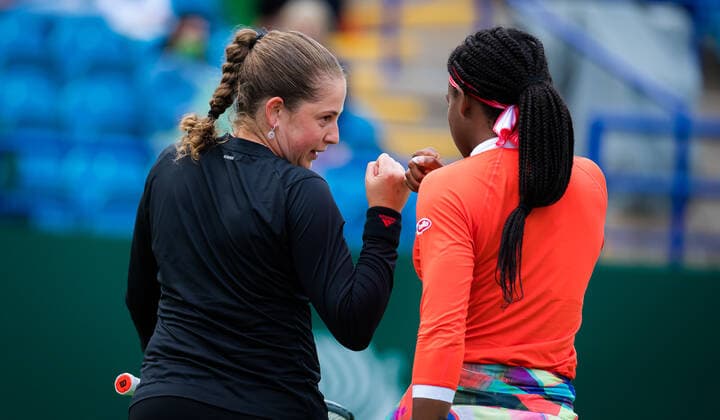 June 24, 2021, EASTBOURNE, GREAT BRITAIN: Jelena Ostapenko of Latvia & Cori Gauff of the United States play doubles at the 2021 Viking International WTA, Tennis Damen 500 tennis tournament EASTBOURNE GREAT BRITAIN - ZUMAa181 20210624_zaa_a181_114 Copyright: xRobxPrangex