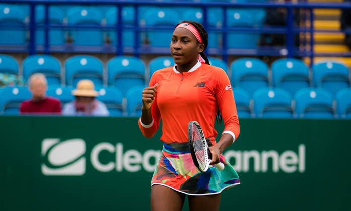 June 24, 2021, EASTBOURNE, GREAT BRITAIN: Cori Gauff of the United States playing doubles at the 2021 Viking International WTA, Tennis Damen 500 tennis tournament EASTBOURNE GREAT BRITAIN - ZUMAa181 20210624_zaa_a181_117 Copyright: xRobxPrangex