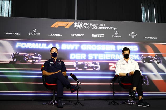 F1 Grand Prix of Styria Christian Horner (GBR, Red Bull Racing), Toto Wolff (AUT, Mercedes-AMG Petronas F1 Team), F1 Grand Prix of Styria at Red Bull Ring on June 25, 2021 in Spielberg, Austria. (Photo by Bryn Lennon Getty Images FIA Pool via HOCH ZWEI) Spielberg Red Bull Ring Austria Poolfoto HOCH ZWEI Pool Getty Images ,EDITORIAL USE ONLY