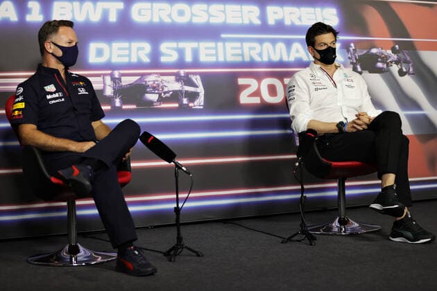F1 Grand Prix of Styria Christian Horner (GBR, Red Bull Racing), Toto Wolff (AUT, Mercedes-AMG Petronas F1 Team), F1 Grand Prix of Styria at Red Bull Ring on June 25, 2021 in Spielberg, Austria. (Photo by Bryn Lennon Getty Images FIA Pool via HOCH ZWEI) Spielberg Red Bull Ring Austria Poolfoto HOCH ZWEI Pool Getty Images ,EDITORIAL USE ONLY