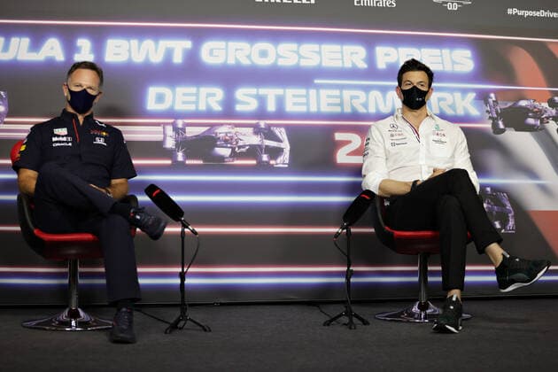 F1 Grand Prix of Styria Christian Horner (GBR, Red Bull Racing), Toto Wolff (AUT, Mercedes-AMG Petronas F1 Team), F1 Grand Prix of Styria at Red Bull Ring on June 25, 2021 in Spielberg, Austria. (Photo by Bryn Lennon Getty Images FIA Pool via HOCH ZWEI) Spielberg Red Bull Ring Austria Poolfoto HOCH ZWEI Pool Getty Images ,EDITORIAL USE ONLY
