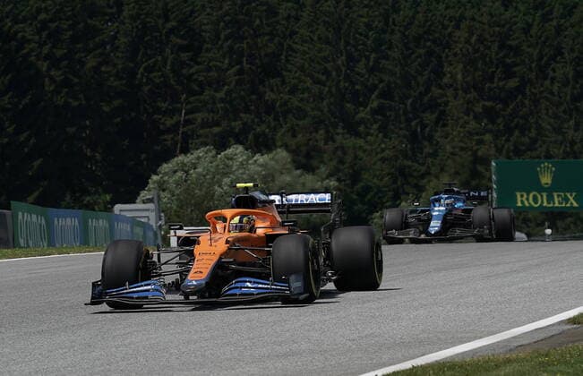 Formula 1 BWT Grosser Preis der Steiermark 2021 25.06.2021, Red Bull Ring , Spielberg, Formula 1 BWT Grosser Preis der Steiermark 2021 , im Bild Lando Norris (GBR 4), McLaren F1 Team, Fernando Alonso (ESP 14), Alpine F1 Team