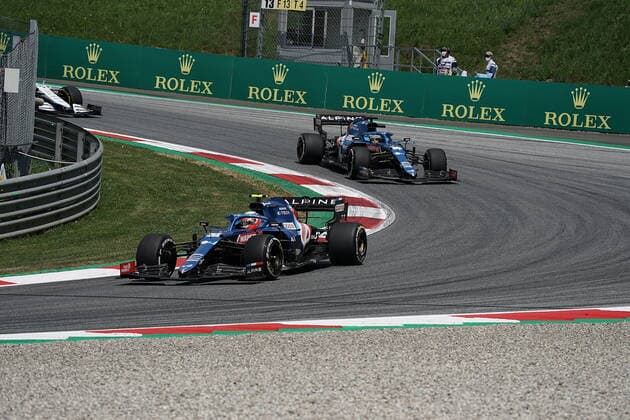 Formula 1 BWT Grosser Preis der Steiermark 2021 25.06.2021, Red Bull Ring , Spielberg, Formula 1 BWT Grosser Preis der Steiermark 2021 , im Bild Esteban Ocon (FRA 31), Alpine F1 Team, Fernando Alonso (ESP 14), Alpine F1 Team
