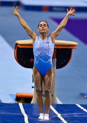 (210626) -- DOHA, June 26, 2021 -- Oksana Chusovitina of Uzbekistan competes during the Women s Vault Final at the 13th FIG Artistic Gymnastics World Cup in Doha, capital of Qatar, on June 25, 2021. (Photo by Xinhua) (SP)QATAR-DOHA-GYMNASTICS-WORLD CUP Nikku 