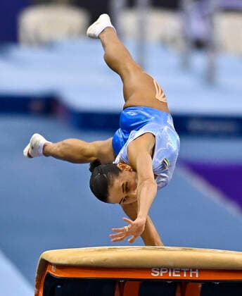 (210626) -- DOHA, June 26, 2021 -- Oksana Chusovitina of Uzbekistan competes during the Women s Vault Final at the 13th FIG Artistic Gymnastics World Cup in Doha, capital of Qatar, on June 25, 2021. (Photo by Xinhua) (SP)QATAR-DOHA-GYMNASTICS-WORLD CUP Nikku 