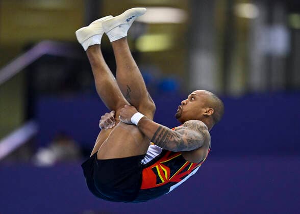 (210626) -- DOHA, June 26, 2021 -- Rayderley Zapata of Spain competes during the Men s Floor Exercises Final at the 13th FIG Artistic Gymnastics World Cup in Doha, capital of Qatar, on June 25, 2021. (Photo by Xinhua) (SP)QATAR-DOHA-GYMNASTICS-WORLD CUP Nikku 
