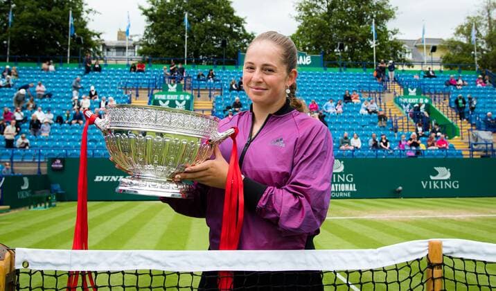 Mandatory Credit: Photo by Rob Prange Shutterstock (12168976aw) Jelena Ostapenko of Latvia with the champions trophy after the final of the 2021 Viking International WTA, Tennis Damen 500 tennis tournament Viking International Championships, Day Eight, Tennis, Eastbourne, East Sussex, UK - 26 June 2021 Viking International Championships, Day Eight, Tennis, Eastbourne, East Sussex, UK - 26 June 2021 Copyright: xRobxPrange Shutterstockx 12168976aw
