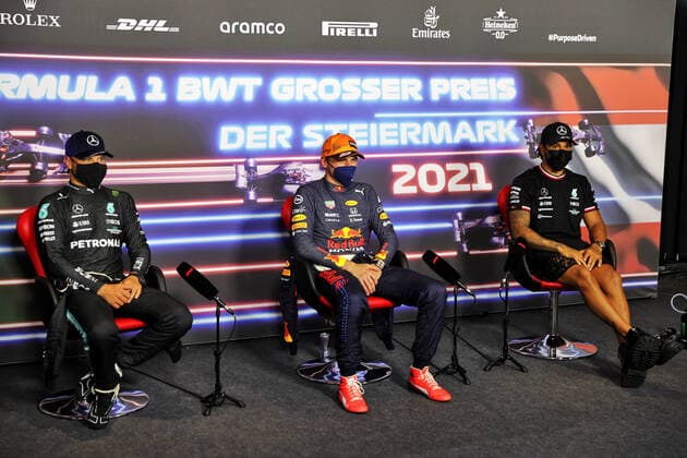 F1 Grand Prix of Styria 77 Valtteri Bottas (FIN, Mercedes-AMG Petronas F1 Team), 33 Max Verstappen (NED, Red Bull Racing), 44 Lewis Hamilton (GBR, Mercedes-AMG Petronas F1 Team), F1 Grand Prix of Styria at Red Bull Ring on June 26, 2021 in Spielberg, Austria. (Photo by xpbimages.com XPB Images FIA Pool via HOCH ZWEI) Spielberg Austria Poolfoto HOCH ZWEI Pool XPB Images ,EDITORIAL USE ONLY