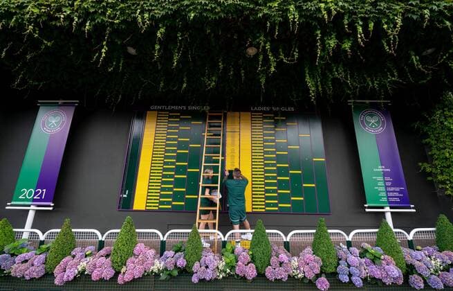 Mandatory Credit: Photo by AELTC Shutterstock (12171009ac) Members of the team add the names to the Giant Draw Board on the Northern Concourse ahead of The Championships 2021 Wimbledon Tennis Championships, Preparations, The All England Lawn Tennis and Croquet Club, London, UK - 26 Jun 2021 Editorial Use Only Wimbledon Tennis Championships, Preparations, The All England Lawn Tennis and Croquet Club, London, UK - 26 Jun 2021 Editorial Use Only  Copyright: xAELTC Shutterstockx 12171009ac