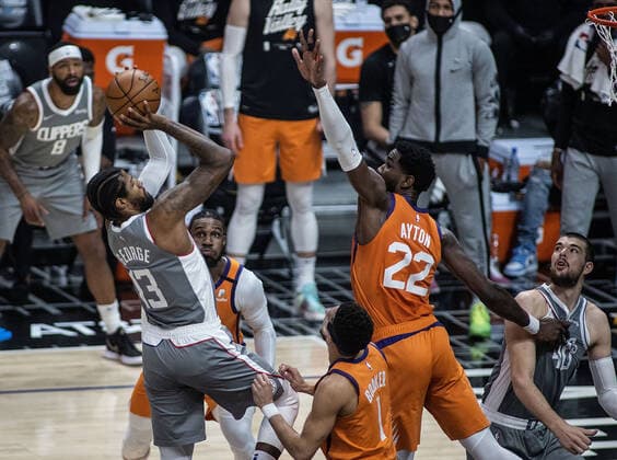 June 26, 2021, Los Angeles, California, USA: Paul George 13 of the Los Angeles Clippers puts up a shot during Game 4 of the 2021 Western Conference finals NBA, Basketball Herren, USA playoff game against the on Saturday June 26, 2021 at the Staples Center in Los Angeles, California. Clippers lose to Suns 80 - 84. JAVIER ROJASPI Los Angeles USA - ZUMAp124 20210626_zaa_p124_007 Copyright: xx