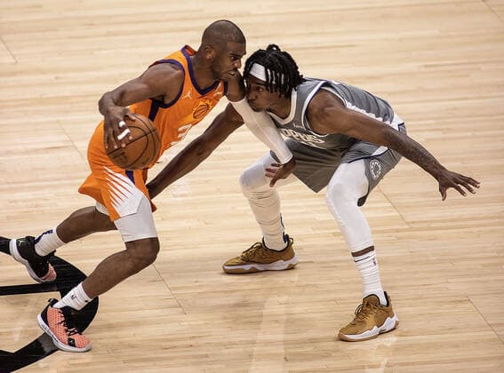 June 26, 2021, Los Angeles, California, USA: Terance Mann 14 of the Los Angeles Clippers defends against Chris Paul 3 of the Phoenix Suns during Game 4 of the 2021 Western Conference finals NBA, Basketball Herren, USA playoff game on Saturday June 26, 2021 at the Staples Center in Los Angeles, California. Clippers lose to Suns 80 - 84. JAVIER ROJASPI Los Angeles USA - ZUMAp124 20210626_zaa_p124_042 Copyright: xx