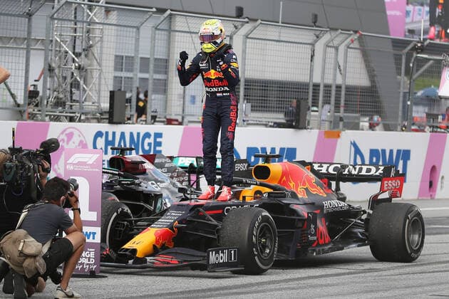 Formula 1 - GP of Styria 2021 SPIELBERG,AUSTRIA,27.JUN.21 - MOTORSPORTS, FORMULA 1 - Grand Prix of Styria, Red Bull Ring. Image shows the rejoicing of Max Verstappen (NED Red Bul Racing).  GEPAxpictures xManfredxBinder