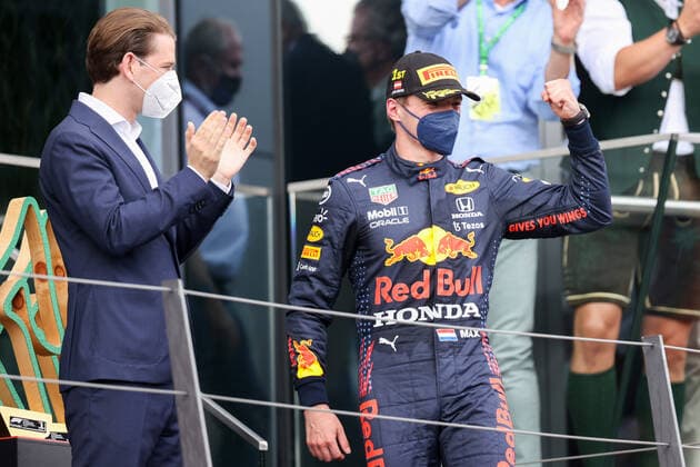 Formula 1 - GP of Styria 2021 SPIELBERG,AUSTRIA,27.JUN.21 - MOTORSPORTS, FORMULA 1 - Grand Prix of Styria, Red Bull Ring. Image shows chancellor Sebastian Kurz (Austria) and the rejoicing of Max Verstappen (NED Red Bull Racing).  GEPAxpictures xChristianxWalgram