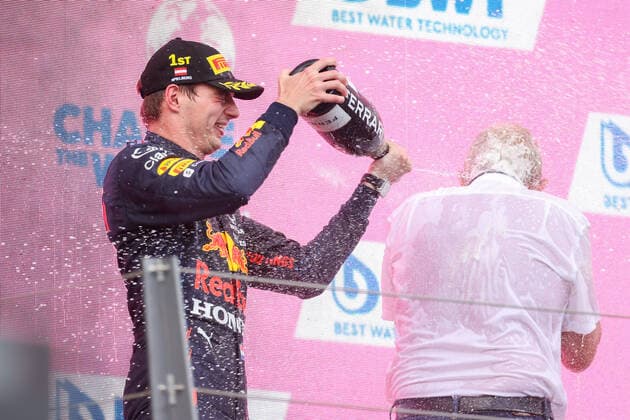 Formula 1 - GP of Styria 2021 SPIELBERG,AUSTRIA,27.JUN.21 - MOTORSPORTS, FORMULA 1 - Grand Prix of Styria, Red Bull Ring. Image shows the rejoicing of Max Verstappen (NED Red Bull Racing) and motorsport consultant Helmut Marko (Red Bull). Keywords: champaign.  GEPAxpictures xChristianxWalgram
