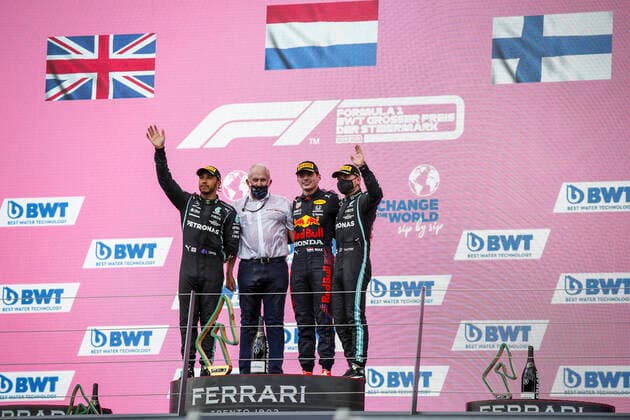 44 Lewis Hamilton (GBR, Mercedes-AMG Petronas F1 Team), Dr. Helmut Marko (AUT, Red Bull Racing), 33 Max Verstappen (NED, Red Bull Racing), 77 Valtteri Bottas (FIN, Mercedes-AMG Petronas F1 Team), F1 Grand Prix of Styria at Red Bull Ring on June 27, 2021 in Spielberg, Austria. (Photo by HOCH ZWEI) Spielberg Austria