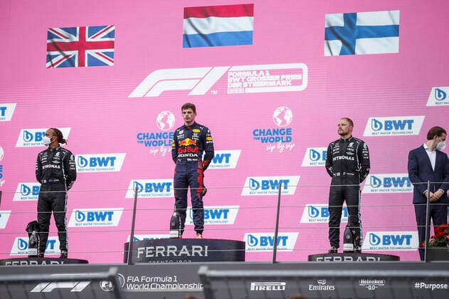44 Lewis Hamilton (GBR, Mercedes-AMG Petronas F1 Team), 33 Max Verstappen (NED, Red Bull Racing), 77 Valtteri Bottas (FIN, Mercedes-AMG Petronas F1 Team), F1 Grand Prix of Styria at Red Bull Ring on June 27, 2021 in Spielberg, Austria. (Photo by HOCH ZWEI) Spielberg Austria