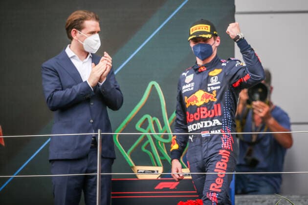 Formula 1 - GP of Styria 2021 SPIELBERG,AUSTRIA,27.JUN.21 - MOTORSPORTS, FORMULA 1 - Grand Prix of Styria, Red Bull Ring. Image shows chancellor of Austria Sebastian Kurz and Max Verstappen (NED Red Bull Racing).  GEPAxpictures xManfredxBinder