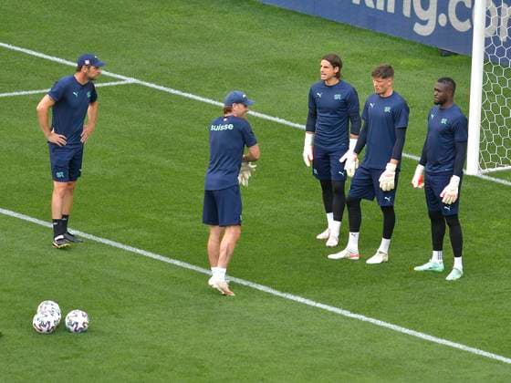 Swiss footballers Yann Sommer, Yvon Mvogo and Gregor Kobel at the official training before the match against France, within EURO 2020, held on the National Arena in Bucharest, Sunday, June 27, 2021 Bucharest Copyright: xRazvanxPasarica SPORTxPICTURESx
