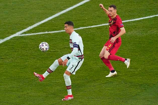 ESP: Belgium - Portugal. Euro 2020. Cristiano Ronaldo of Portugal and Thomas Vermaelen of Belgium during the match between Belgium and Portugal of Euro 2020, round of 16, played at La Cartuja Stadium on June 27, 2021 in Sevilla, Spain. kpng Copyright: xPRESSINPHOTOx PS_210627_051