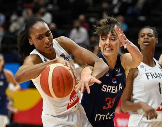 VALENCIA, SPAIN - JUNE 27: Tina Krajisnik of Serbia and Sandrine Gruda of France pictured during finale of FIBA Women s Eurobasket match between France and Serbia on june 27, 2021 in Valencia, Spain 27 06 2021 BASKET BALL FEMININ : France vs Serbie - FIBA Women s Eurobasket - Finale - Valence - 27 06 2021 PhotoNews Panoramic 