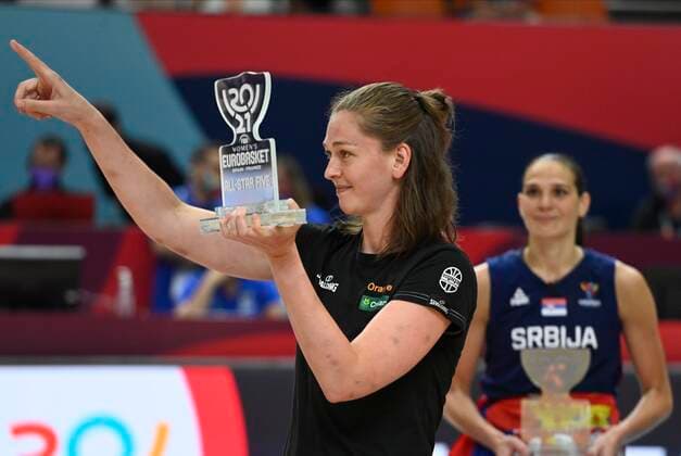 VALENCIA, SPAIN - JUNE 27: Emma Meesseman of Belgium is on the top five team of the tournament pictured during finale of FIBA Women s Eurobasket match between France and Serbia on june 27, 2021 in Valencia, Spain 27 06 2021 BASKET BALL FEMININ : France vs Serbie - FIBA Women s Eurobasket - Finale - Valence - 27 06 2021 PhotoNews Panoramic 