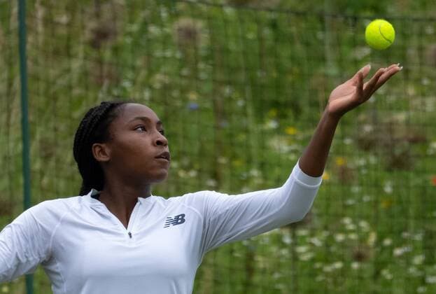 Mandatory Credit: Photo by AELTC Shutterstock (12172322m) Coco Gauff (USA) serving on the Aorangi Practice Courts ahead of The Championships 2021 Wimbledon Tennis Championships, Preparations, The All England Lawn Tennis and Croquet Club, London, UK - 27 Jun 2021 Editorial Use Only Wimbledon Tennis Championships, Preparations, The All England Lawn Tennis and Croquet Club, London, UK - 27 Jun 2021 Editorial Use Only  Copyright: xAELTC Shutterstockx 12172322m