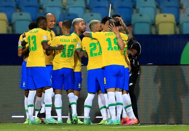 GOIANIA, BRAZIL - JUNE 27: Eder Militao of Brazil celebrates with his team mates after scores his goal ,during the match between Brazil and Ecuador as part of Conmebol Copa America Brazil 2021 at Estadio Olimpico on June 27, 2021 in Goiania, Brazil. SPO, SOC 