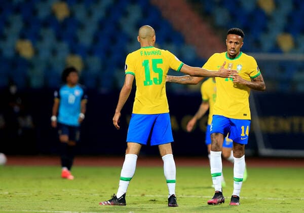 GOIANIA, BRAZIL - JUNE 27: Eder Militao of Brazil celebrates with his team mates Fabinho after scores his goal ,during the match between Brazil and Ecuador as part of Conmebol Copa America Brazil 2021 at Estadio Olimpico on June 27, 2021 in Goiania, Brazil. SPO, SOC 