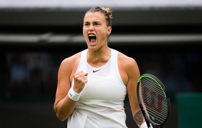 Mandatory Credit: Photo by Rob Prange Shutterstock (12172261aa) IAryna Sabalenka of Belarus in acton during the first round of the 2021 Wimbledon Championships Grand Slam tennis tournament Wimbledon Tennis Championships, Day 1, The All England Lawn Tennis and Croquet Club, London, UK - 28 Jun 2021 Wimbledon Tennis Championships, Day 1, The All England Lawn Tennis and Croquet Club, London, UK - 28 Jun 2021  Copyright: xRobxPrange Shutterstockx 12172261aa