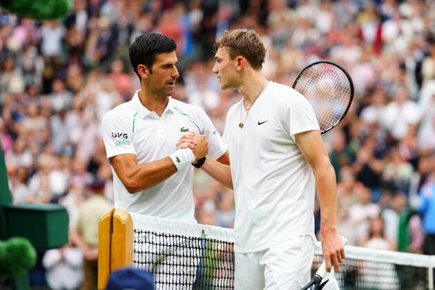 Mandatory Credit: Photo by Javier Garcia BPI Shutterstock (12172248fy) Jack Draper congratulates Novak Djokovic after their first round match Wimbledon Tennis Championships, Day 1, The All England Lawn Tennis and Croquet Club, London, UK - 28 Jun 2021 Wimbledon Tennis Championships, Day 1, The All England Lawn Tennis and Croquet Club, London, UK - 28 Jun 2021  Copyright: xJavierxGarcia BPI Shutterstockx 12172248fy