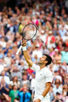 Mandatory Credit: Photo by Javier Garcia BPI Shutterstock (12172248ge) Novak Djokovic celebrates victory in his first round match Wimbledon Tennis Championships, Day 1, The All England Lawn Tennis and Croquet Club, London, UK - 28 Jun 2021 Wimbledon Tennis Championships, Day 1, The All England Lawn Tennis and Croquet Club, London, UK - 28 Jun 2021  Copyright: xJavierxGarcia BPI Shutterstockx 12172248ge