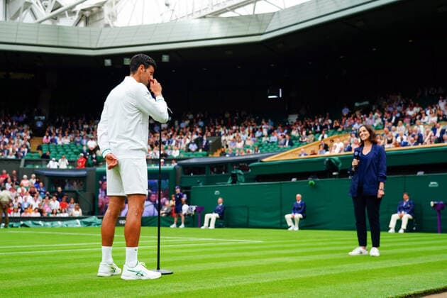Mandatory Credit: Photo by Javier Garcia BPI Shutterstock (12172248gi) Novak Djokovic gives an on-court interview for the first time after winn ing his first round match Wimbledon Tennis Championships, Day 1, The All England Lawn Tennis and Croquet Club, London, UK - 28 Jun 2021 Wimbledon Tennis Championships, Day 1, The All England Lawn Tennis and Croquet Club, London, UK - 28 Jun 2021  Copyright: xJavierxGarcia BPI Shutterstockx 12172248gi
