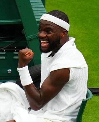Mandatory Credit: Photo by Javier Garcia BPI Shutterstock (12172248iz) Frances Tiafoe celebrates victory in his first round match Wimbledon Tennis Championships, Day 1, The All England Lawn Tennis and Croquet Club, London, UK - 28 Jun 2021 Wimbledon Tennis Championships, Day 1, The All England Lawn Tennis and Croquet Club, London, UK - 28 Jun 2021  Copyright: xJavierxGarcia BPI Shutterstockx 12172248iz
