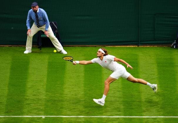 Mandatory Credit: Photo by Javier Garcia BPI Shutterstock (12172248kf) Stefanos Tsitsipas during his first round match Wimbledon Tennis Championships, Day 1, The All England Lawn Tennis and Croquet Club, London, UK - 28 Jun 2021 Wimbledon Tennis Championships, Day 1, The All England Lawn Tennis and Croquet Club, London, UK - 28 Jun 2021  Copyright: xJavierxGarcia BPI Shutterstockx 12172248kf
