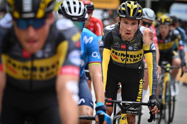 Slovenian Primoz Roglic of Team Jumbo-Visma pictured after a fall during the third stage of the 108th edition of the Tour de France cycling race, 182,9km from Lorient to Pontivy, France, Monday 28 June 2021. This year s Tour de France takes place from 26 June to 18 July 2021. DAVIDxSTOCKMAN  x3022306x
