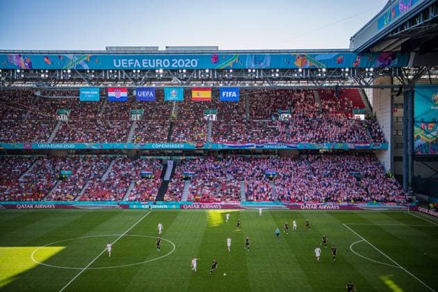 210628 General view of Parken Stadium during the UEFA EURO, EM, Europameisterschaft,Fussball 2020 Football Championship round of 16 match between Croatia and Spain on June 28, 2021 in Copenhagen. Photo: Petter Arvidson BILDBYRAN kod PA PA0227 fotboll football soccer fotball fotbolls-em europamästerskap em uefa euro uefa european football championship euro 2020 sverige sweden sverige a attondelsfinal round of 16 kroatien croatia spanien spain bbeng Copyright: PETTERxARVIDSON BB210628PA192