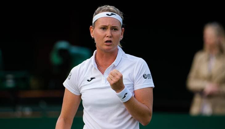 Mandatory Credit: Photo by Rob Prange Shutterstock (12172261di) Marie Bouzkova of the Czech Republic in action during the first round of the 2021 Wimbledon Championships Grand Slam tennis tournament Wimbledon Tennis Championships, Day 1, The All England Lawn Tennis and Croquet Club, London, UK - 28 Jun 2021 Wimbledon Tennis Championships, Day 1, The All England Lawn Tennis and Croquet Club, London, UK - 28 Jun 2021  Copyright: xRobxPrange Shutterstockx 12172261di