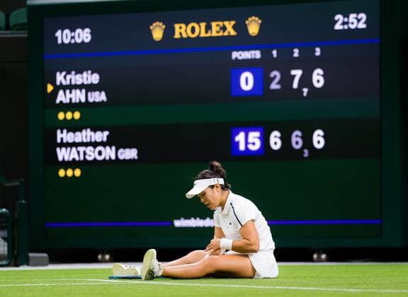 Mandatory Credit: Photo by Rob Prange Shutterstock (12172261ed) Kristie Ahn of the United States in action during the first round of the 2021 Wimbledon Championships Grand Slam tennis tournament Wimbledon Tennis Championships, Day 1, The All England Lawn Tennis and Croquet Club, London, UK - 28 Jun 2021 Wimbledon Tennis Championships, Day 1, The All England Lawn Tennis and Croquet Club, London, UK - 28 Jun 2021  Copyright: xRobxPrange Shutterstockx 12172261ed