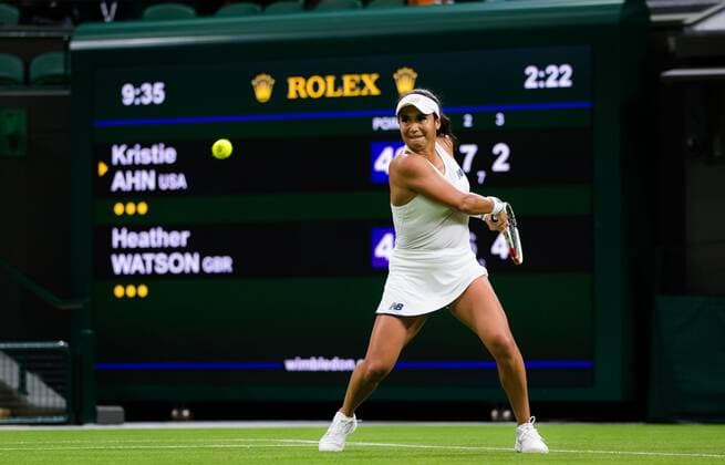Mandatory Credit: Photo by Rob Prange Shutterstock (12172261fd) Heather Watson of Great Britain in action during the first round of the 2021 Wimbledon Championships Grand Slam tennis tournament Wimbledon Tennis Championships, Day 1, The All England Lawn Tennis and Croquet Club, London, UK - 28 Jun 2021 Wimbledon Tennis Championships, Day 1, The All England Lawn Tennis and Croquet Club, London, UK - 28 Jun 2021  Copyright: xRobxPrange Shutterstockx 12172261fd