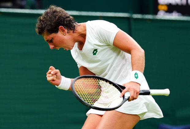Mandatory Credit: Photo by Javier Garcia BPI Shutterstock (12173633dk) Carla Suarez Navarro celebrates breaking serve during her first round match Wimbledon Tennis Championships, Day 2, The All England Lawn Tennis and Croquet Club, London, UK - 29 Jun 2021 Wimbledon Tennis Championships, Day 2, The All England Lawn Tennis and Croquet Club, London, UK - 29 Jun 2021  Copyright: xJavierxGarcia BPI Shutterstockx 12173633dk