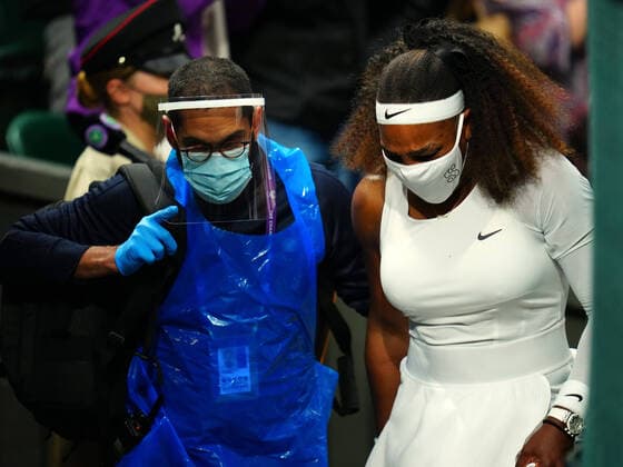 Mandatory Credit: Photo by Javier Garcia BPI Shutterstock (12173633mj) Serena Williams emotional after having to retire hurt in her first round match Wimbledon Tennis Championships, Day 2, The All England Lawn Tennis and Croquet Club, London, UK - 29 Jun 2021 Wimbledon Tennis Championships, Day 2, The All England Lawn Tennis and Croquet Club, London, UK - 29 Jun 2021  Copyright: xJavierxGarcia BPI Shutterstockx 12173633mj