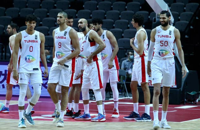 PXL_Tunisia vs Brazil Mejri Salah,Hadidane Mohamed and Oussama Marnaoui during group B basketball qualification match for the Olympic Games, Olympische Spiele, Olympia, OS between Tunisia and Brazil at the Spaladium Arena, in Split, Croatia, on June 29, 2021. IvoxCagalj PIXSELL