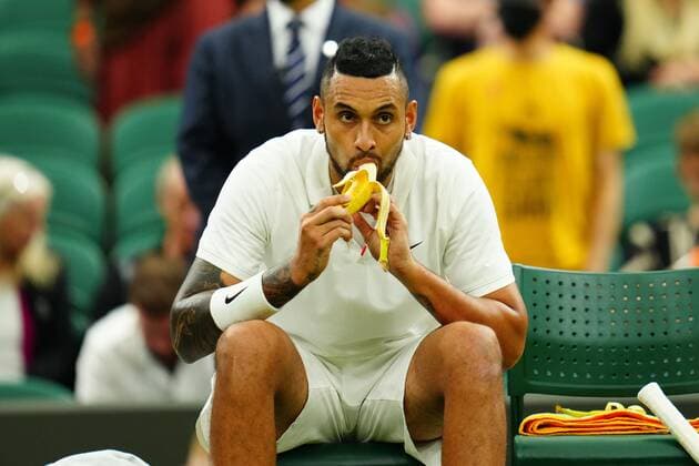 Mandatory Credit: Photo by Javier Garcia BPI Shutterstock (12173633pw) Nick Kyrios eating a banana between games during his first round match Wimbledon Tennis Championships, Day 2, The All England Lawn Tennis and Croquet Club, London, UK - 29 Jun 2021 Wimbledon Tennis Championships, Day 2, The All England Lawn Tennis and Croquet Club, London, UK - 29 Jun 2021  Copyright: xJavierxGarcia BPI Shutterstockx 12173633pw