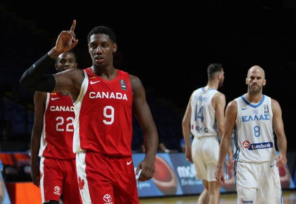 June 29, 2021, Victoria, BC, Canada: Canada s RJ Barrett celebrates the team s win following second half FIBA Men s Olympic Qualifying basketball action against Greece, at Memorial Arena in Victoria, Tuesday, June 29, 2021. Canada won 97-91. RJ Barrett  - ZUMAc35_ 20210629_zaf_c35_024 Copyright: xChadxHipolitox