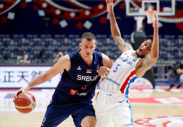 (210630) -- BELGRADE, June 30, 2021 -- Serbia s Nemanja Bjelica (L) vies with Dominican Republic s Victor Liz during FIBA Olympic Qualifying Tournament basketball match between Serbia and Dominican Republic in Belgrade, Serbia on June 29, 2021. (Photo by Xinhua) (SP)SERBIA-BELGRADE-BASKETBALL-FIBA OQT-DOMINICAN REPUBLIC VS SERBIA PredragxMilosavljevic 