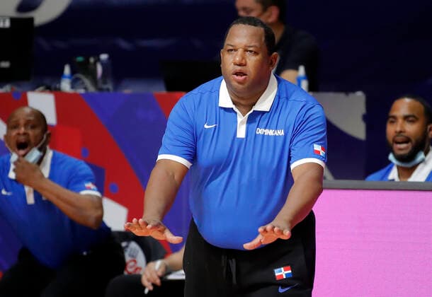 (210630) -- BELGRADE, June 30, 2021 -- Dominican Republic s head coach Melvyn Lopez gestures during FIBA Olympic Qualifying Tournament basketball match between Serbia and Dominican Republic in Belgrade, Serbia on June 29, 2021. (Photo by Xinhua) (SP)SERBIA-BELGRADE-BASKETBALL-FIBA OQT-DOMINICAN REPUBLIC VS SERBIA PredragxMilosavljevic 
