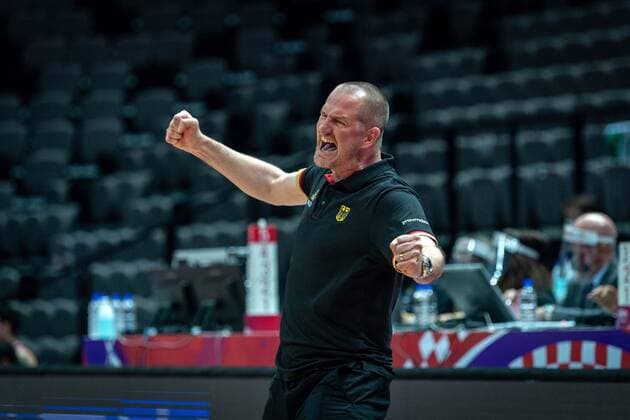 Basketball Split 29.06.2021 Olympia-Qualifikation FIBA Olympic Qualifying Tournament 2020 Gruppenphase, Gruppe A Deutschland (GER) - Mexiko (MEX) Henrik RËÜdl (Deutschland, Bundestrainer) Rodl Roedl Jubel
