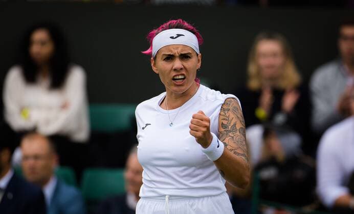 Mandatory Credit: Photo by Rob Prange Shutterstock (12189892v) Aliona Bolsova of Spain in action during the first round of the 2021 Wimbledon Championships Grand Slam tennis tournament Wimbledon Tennis Championships, Day 3, The All England Lawn Tennis and Croquet Club, London, UK - 30 Jun 2021 Wimbledon Tennis Championships, Day 3, The All England Lawn Tennis and Croquet Club, London, UK - 30 Jun 2021  Copyright: xRobxPrange Shutterstockx 12189892v